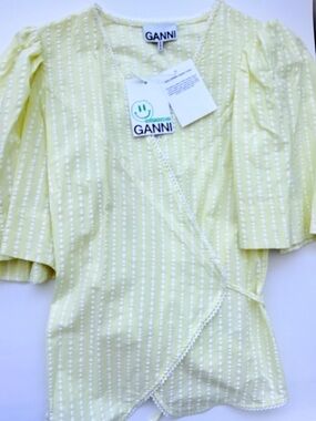 Ganni Yellow striped Organic Cotton Seersucker Wrap top Retai $215 Size 38 F7063